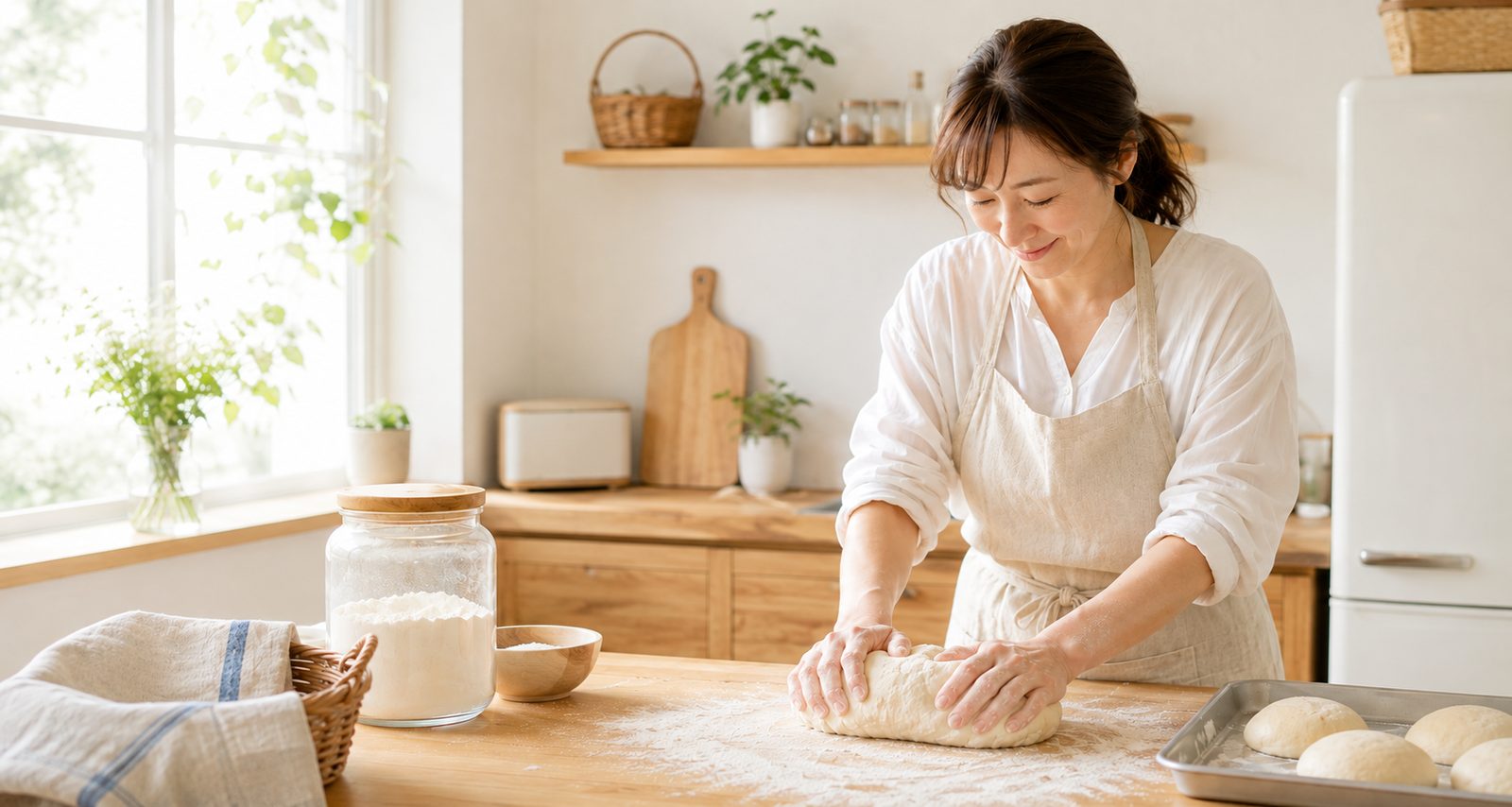 明るいキッチンの作業台で、エプロン姿の女性がパン生地を両手でこねているところ