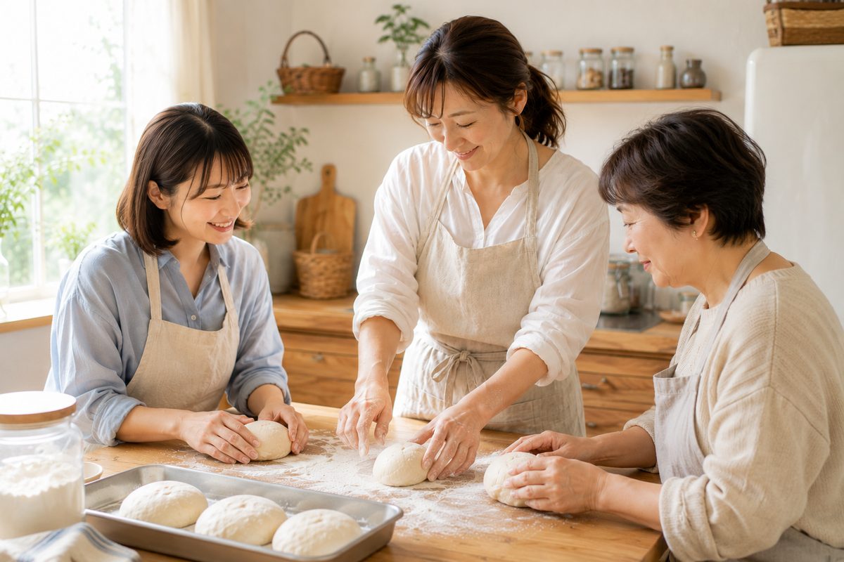 作業台を囲んだ3人が、それぞれ生地を丸めているレッスンの様子