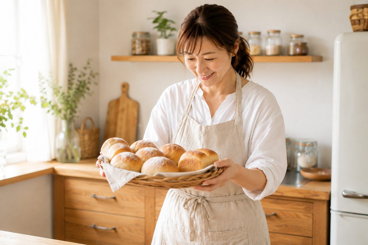 焼きたてのパンを盛ったかごを両手で持ち、ほほえむエプロン姿の女性